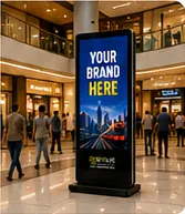 Digital standee on a mall floor near shoppers
