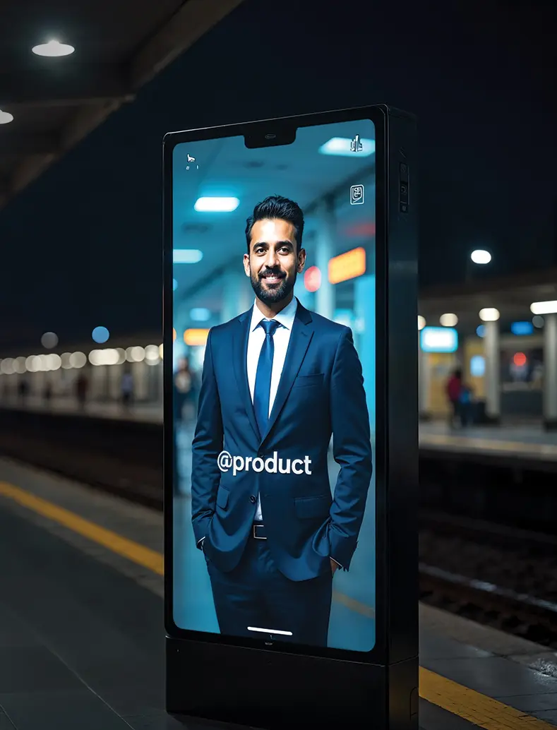 Brand advertisement playing on a DNexus digital standee at a railway platform