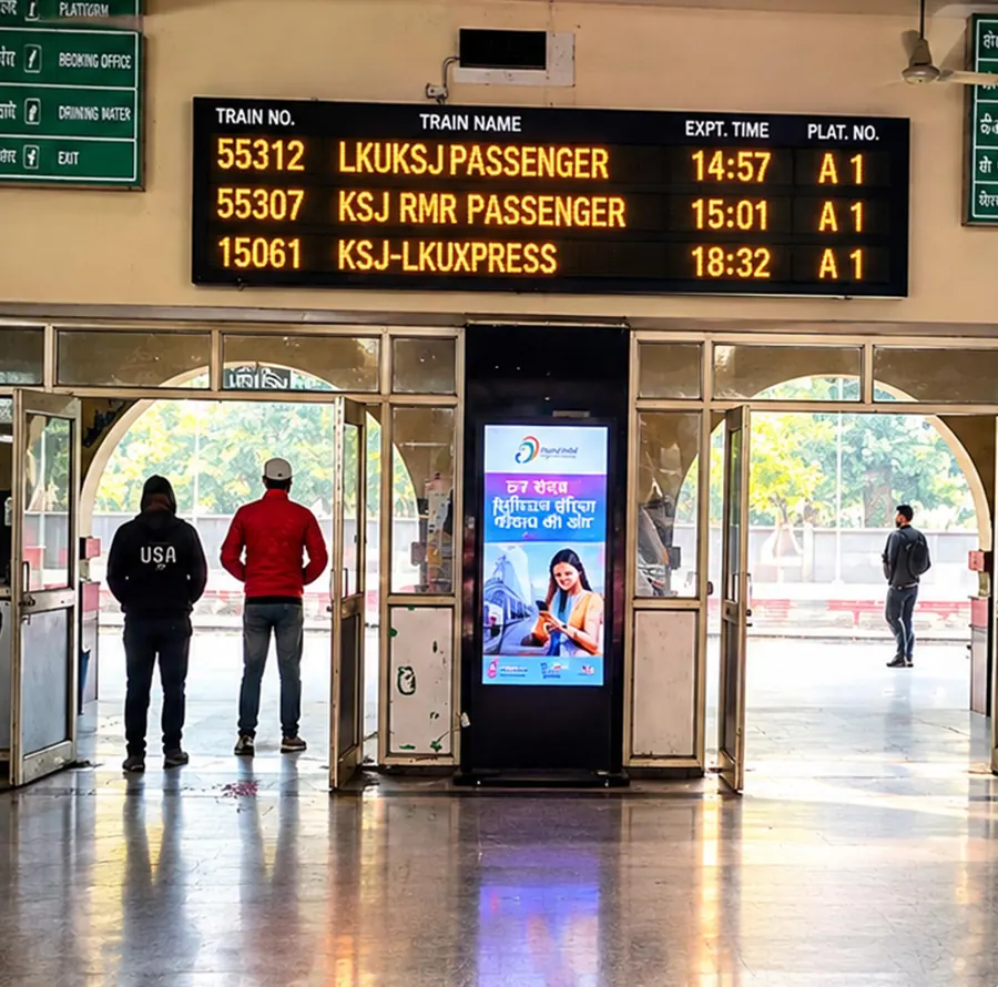 DNexus 55-inch digital signage standee at Badaun railway station, Uttar Pradesh