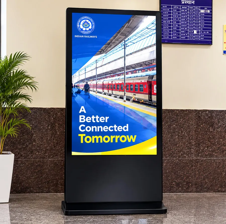 DNexus 55-inch digital signage standee at Bareilly Junction (PF 5–6) railway station, Uttar Pradesh