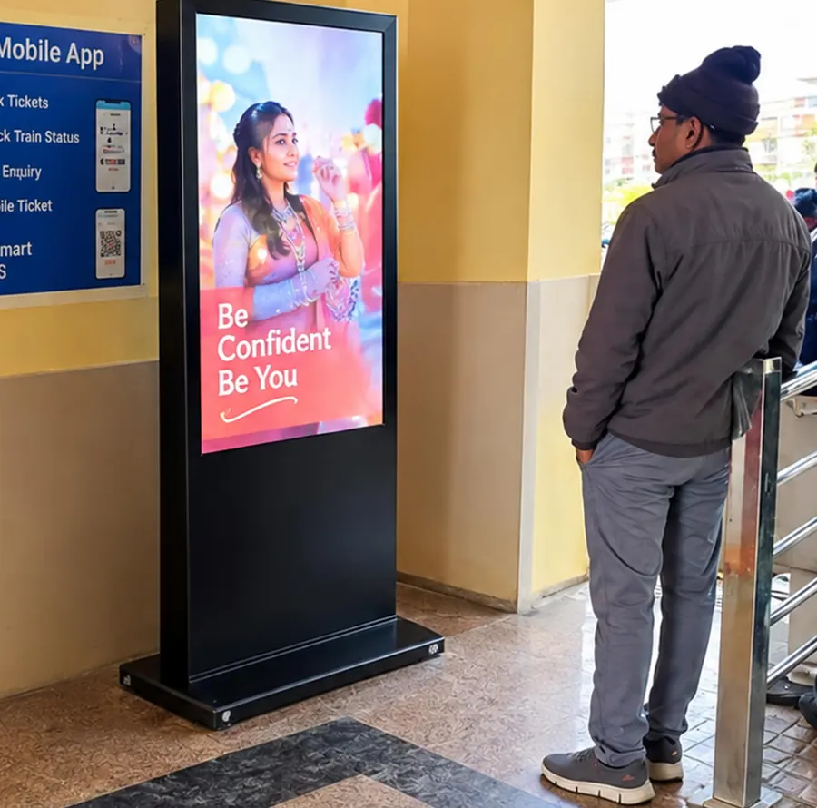 DNexus 55-inch digital signage standee at Bazpur railway station, Uttarakhand