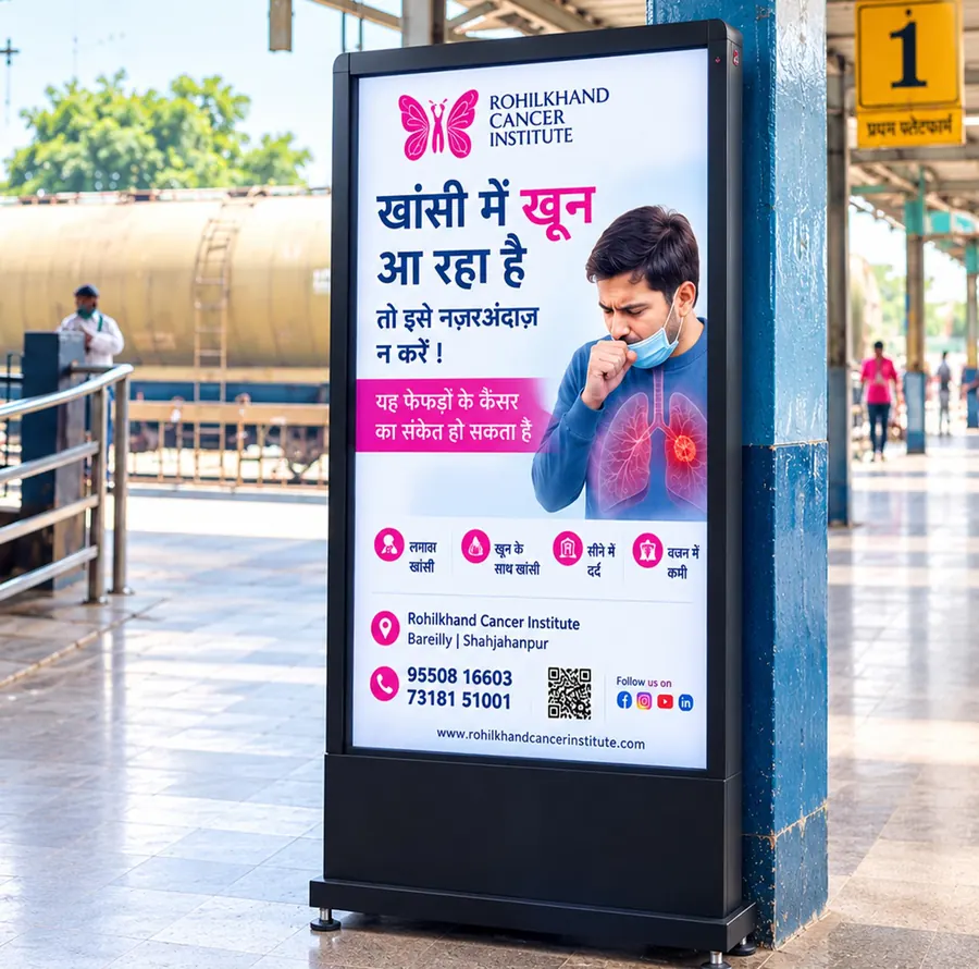 DNexus 55-inch digital signage standee at Kannauj railway station, Uttar Pradesh