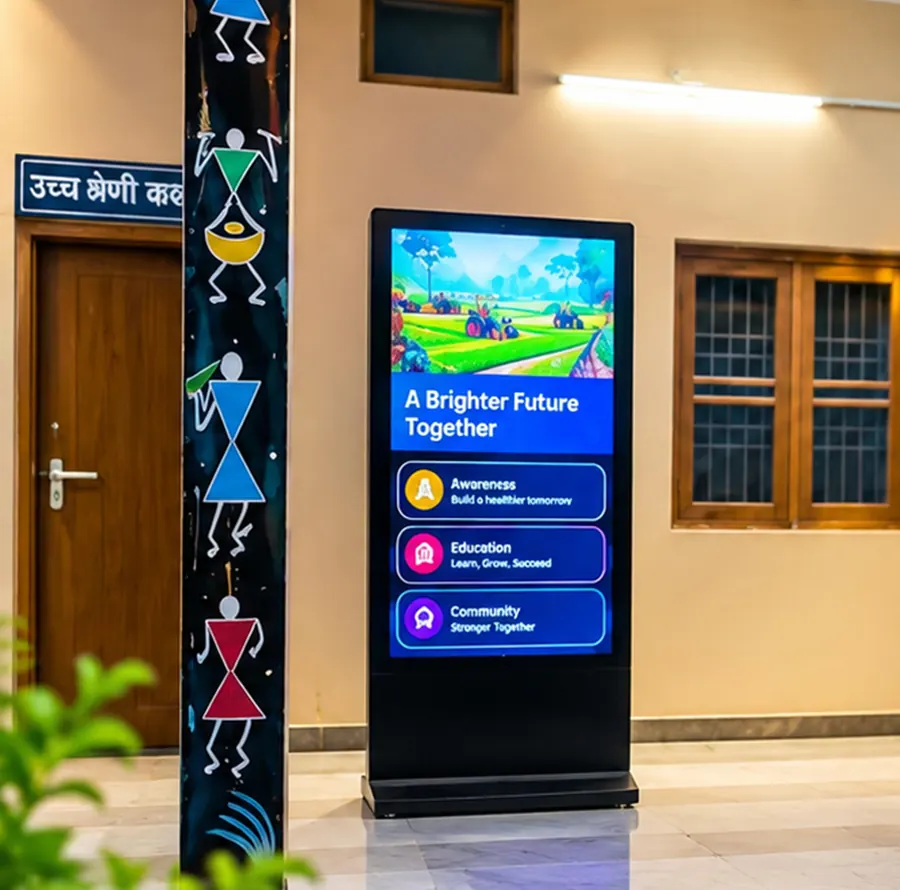 DNexus 55-inch digital signage standee at Puranpur railway station, Uttar Pradesh
