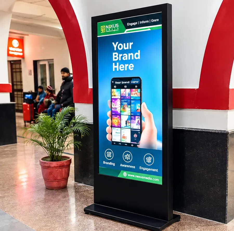 DNexus 55-inch digital signage standee at Ramnagar railway station, Uttarakhand