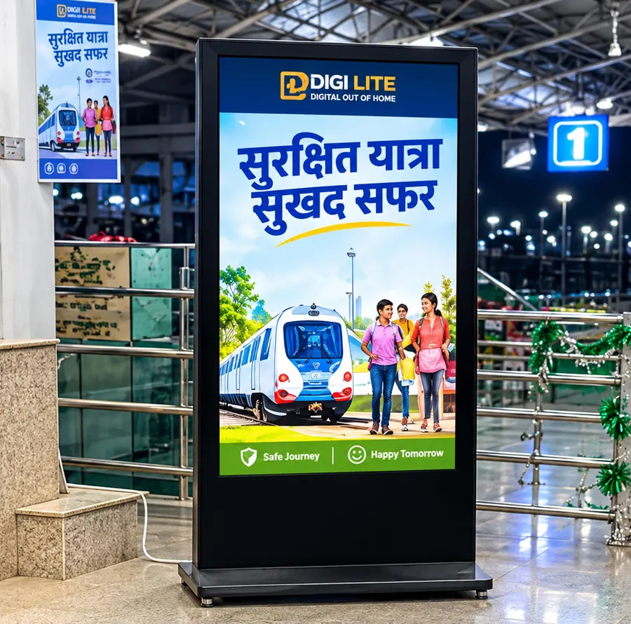 DNexus 55-inch digital signage standee at Rawatpur (Kanpur) railway station, Uttar Pradesh