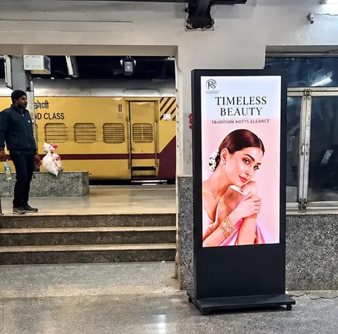 DNexus 55-inch digital signage standee at Pilibhit railway station, Uttar Pradesh